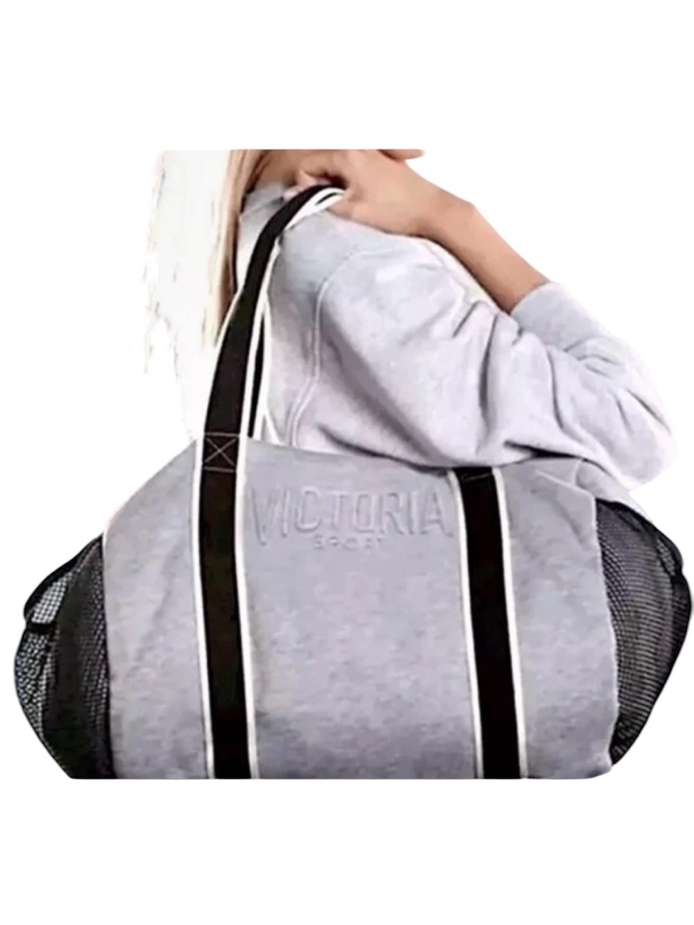Victoria's Secret Light Gray Duffel Tote with Black Straps